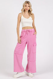 Mittoshop Mineral Wash Elastic Waist Cargo Wide Leg Pants Cargo Pants