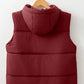 Maroon quilted hooded vest coat with drawstring hem and padded texture