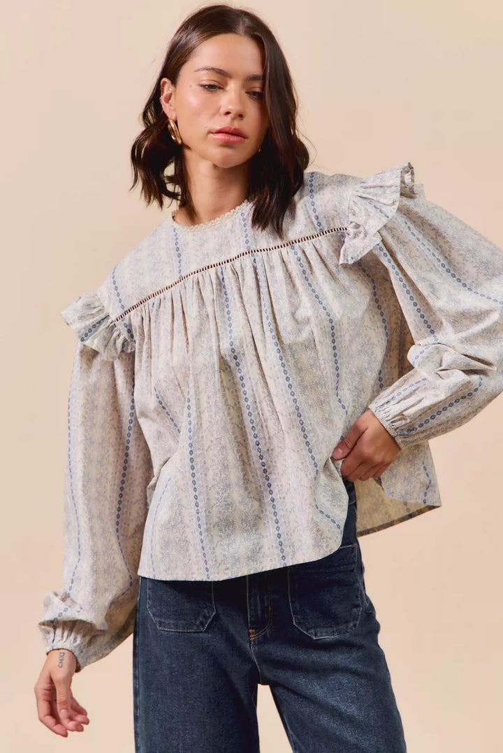 SO ME Floral Cotton Print Ruffled Long Sleeve Blouse | Daverri Fashions