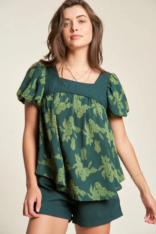 Davi & Dani Nature Printed Square Neck Puff Sleeve Blouse Deep Green
