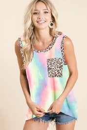 PASTEL TIE DYE BiBi Sleeveless Tie Dye Top With Leopard Band | Tops Daverri Fashions
