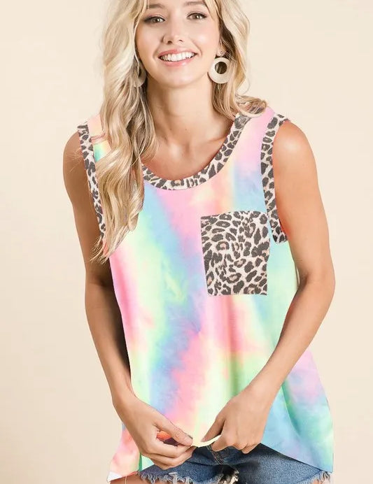 PASTEL TIE DYE BiBi Sleeveless Tie Dye Top With Leopard Band | Tops Daverri Fashions