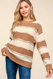 Camel Ivory Haptics Striped Contrast Distressed Sweater | Sweaters Daverri Fashions