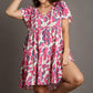 Umgee Full Size Abstract Print Pleat Detail Short Sleeve V-Neck Tiered Dress Plus Size