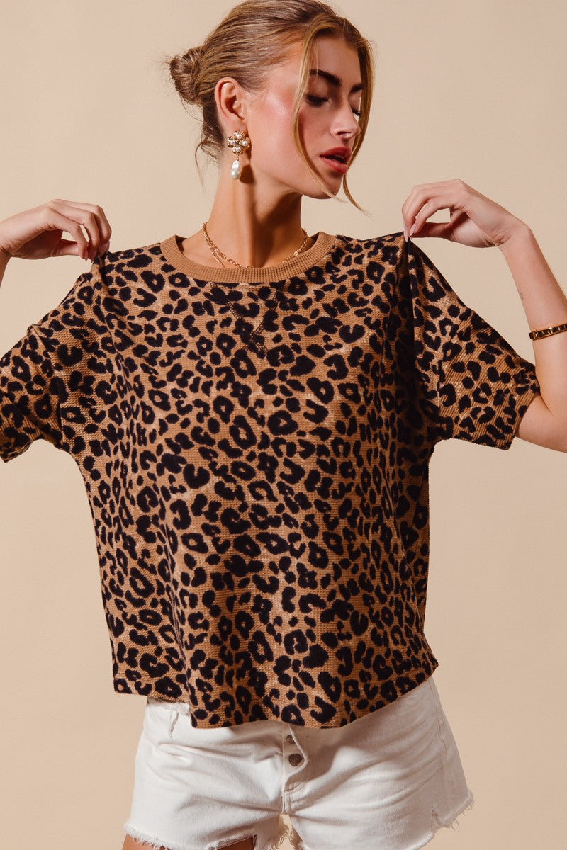SO ME Leopard Thermal Waffle Knit Loose Fit Top, cozy short-sleeved