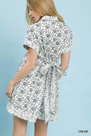 Umgee Border Print Belted Shirt Dress in cream floral pattern