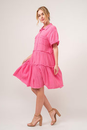And The Why Full Size Raw Edge Washed Tiered Shirt Dress | Daverri Fashions