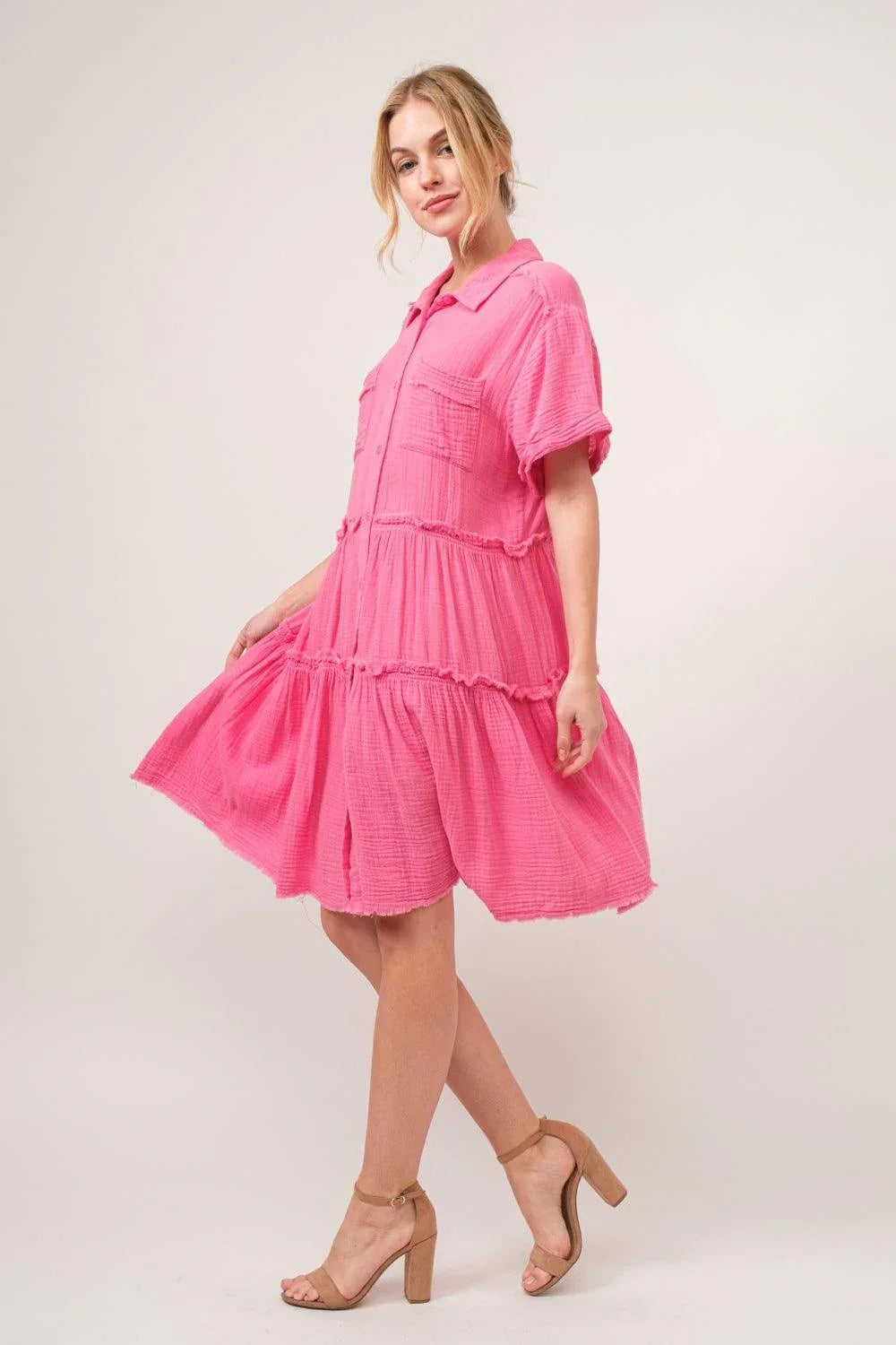 And The Why Full Size Raw Edge Washed Tiered Shirt Dress - DAVERRI FASHIONS