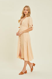 HEYSON Full Size Textured Linen V-Neck Button-Down Midi Dress Midi Dresses