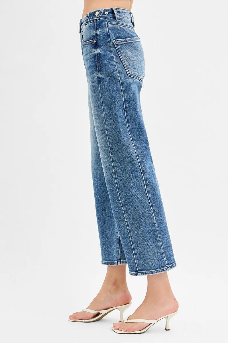 RISEN High Rise Crop Length Barrel Adjustable Waist Band Jeans | Daverri Fashions