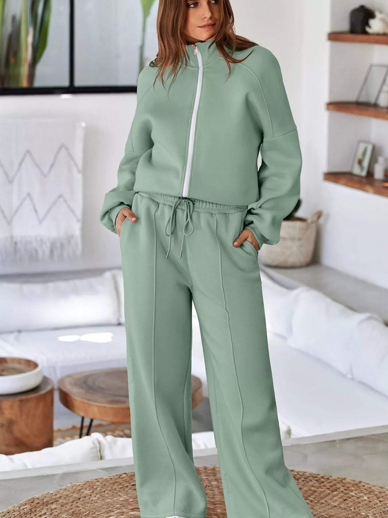 Drop Shoulder Zip Up Jacket and Drawstring Pants Active 2pcs Set | Loungewear Sets Daverri Fashions
