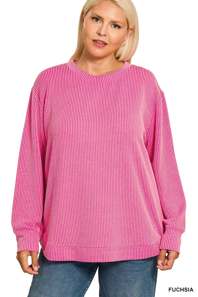 Zenana Full Size Raised Rib Round Neck Long Sleeve Top Plus Size - DAVERRI FASHIONS