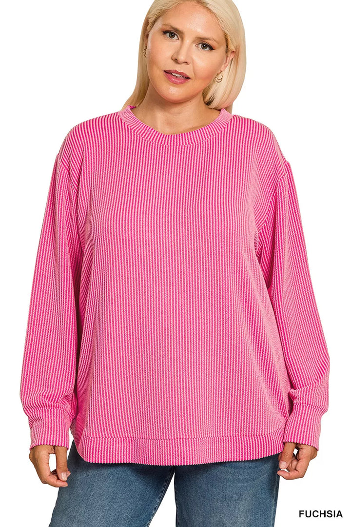 Zenana Full Size Raised Rib Round Neck Long Sleeve Top Plus Size | Daverri Fashions