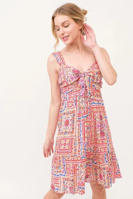 And The Why Tied Front Smocked Back Tiered Boho Printed Dress - DAVERRI FASHIONS