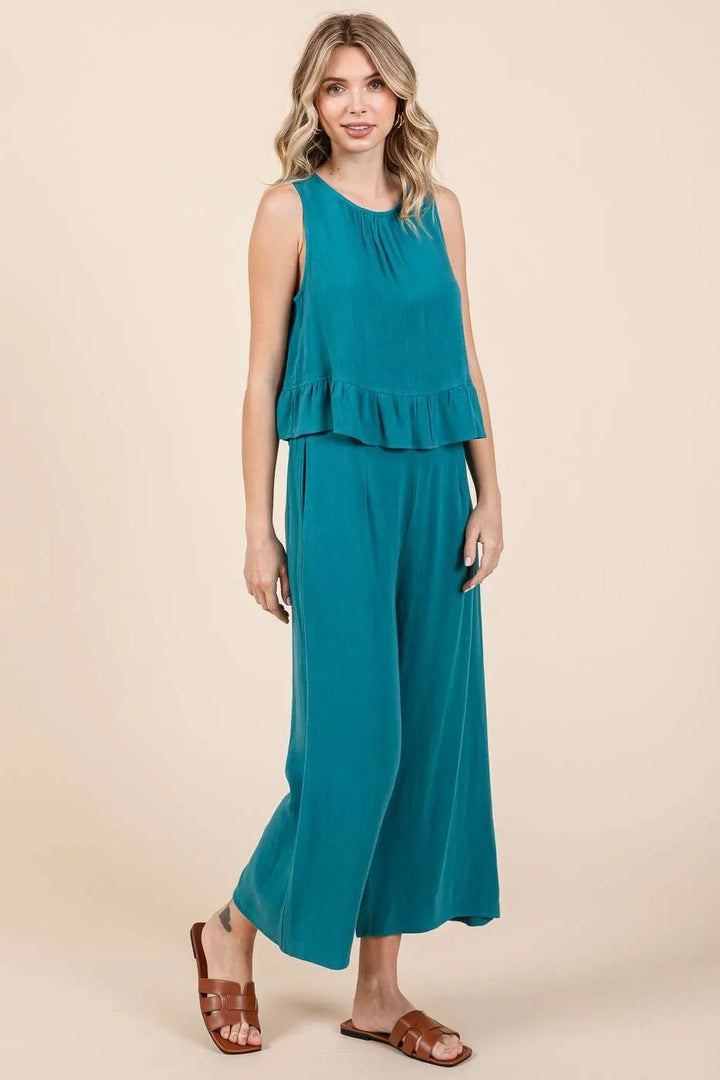 Mittoshop Linen Ruffle Tank Top and Pants Set Outfit Sets