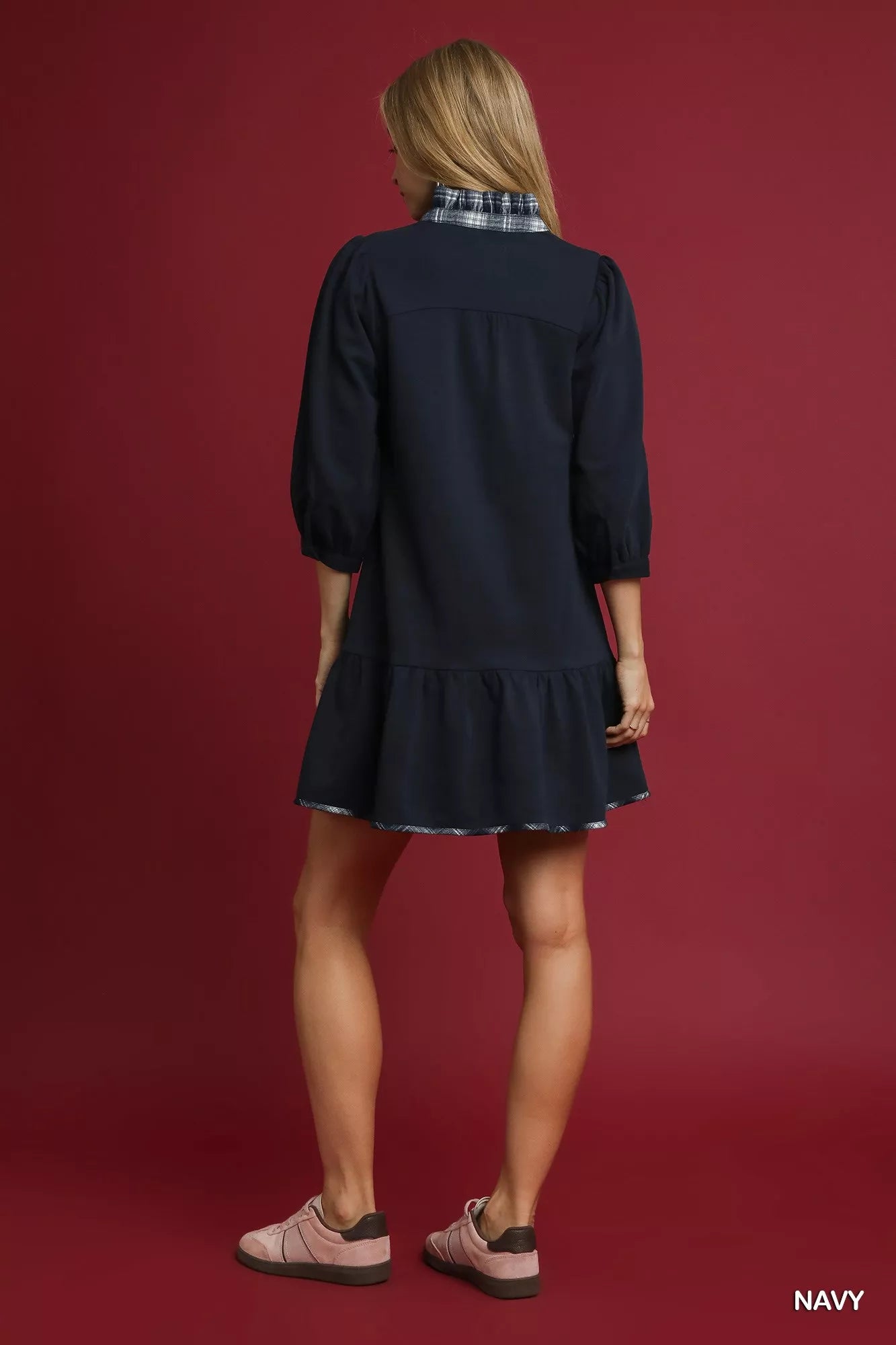 Umgee French Terry Ruffle Hem Dress with Plaid Trim | Mini Dresses Daverri Fashions