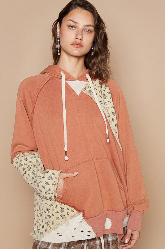 POL Floral Patchwork Distressed Drawstring Hoodie Ochre