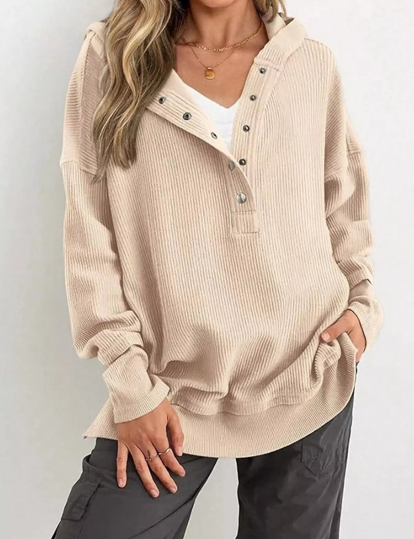 Khaki Half Snap Long Sleeve Hoodie | Hoodies Daverri Fashions