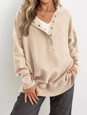 Khaki Half Snap Long Sleeve Hoodie | Hoodies Daverri Fashions