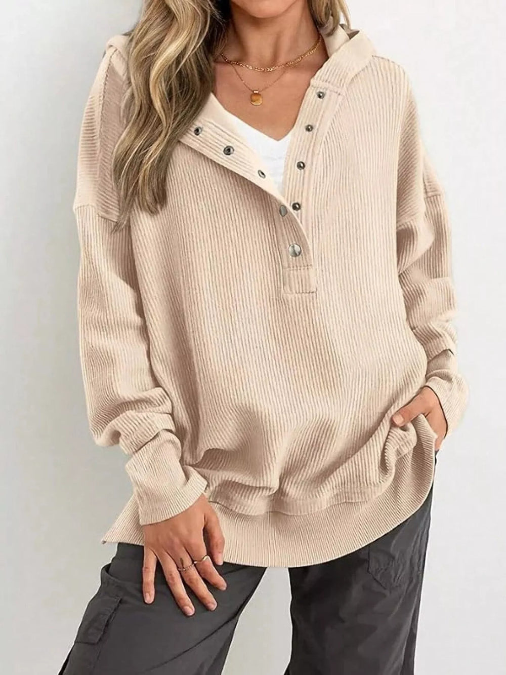 Khaki Half Snap Long Sleeve Hoodie | Hoodies Daverri Fashions