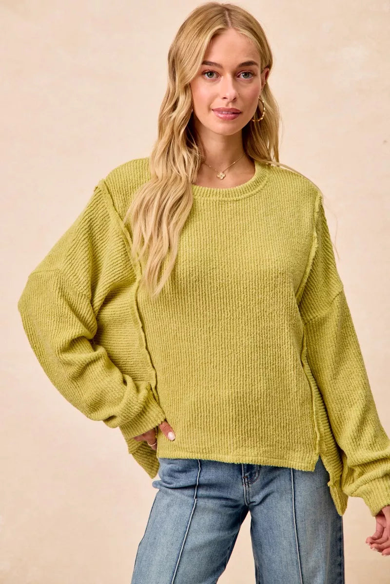 Cozy olive green BiBi Boucle rib knit sweater with boxy sleeves