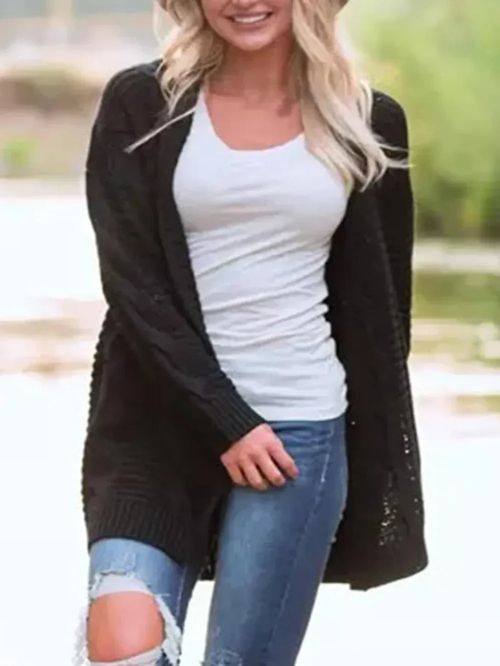 Cable-Knit Open Front Long Sleeve Cardigan - DAVERRI FASHIONS