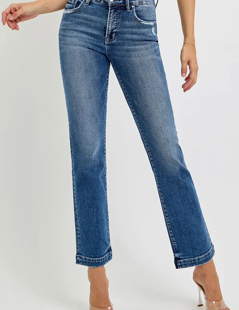 DARK RISEN Full Size Tummy Control Elastic Band Mid Rise Straight Jeans | Jeans Daverri Fashions