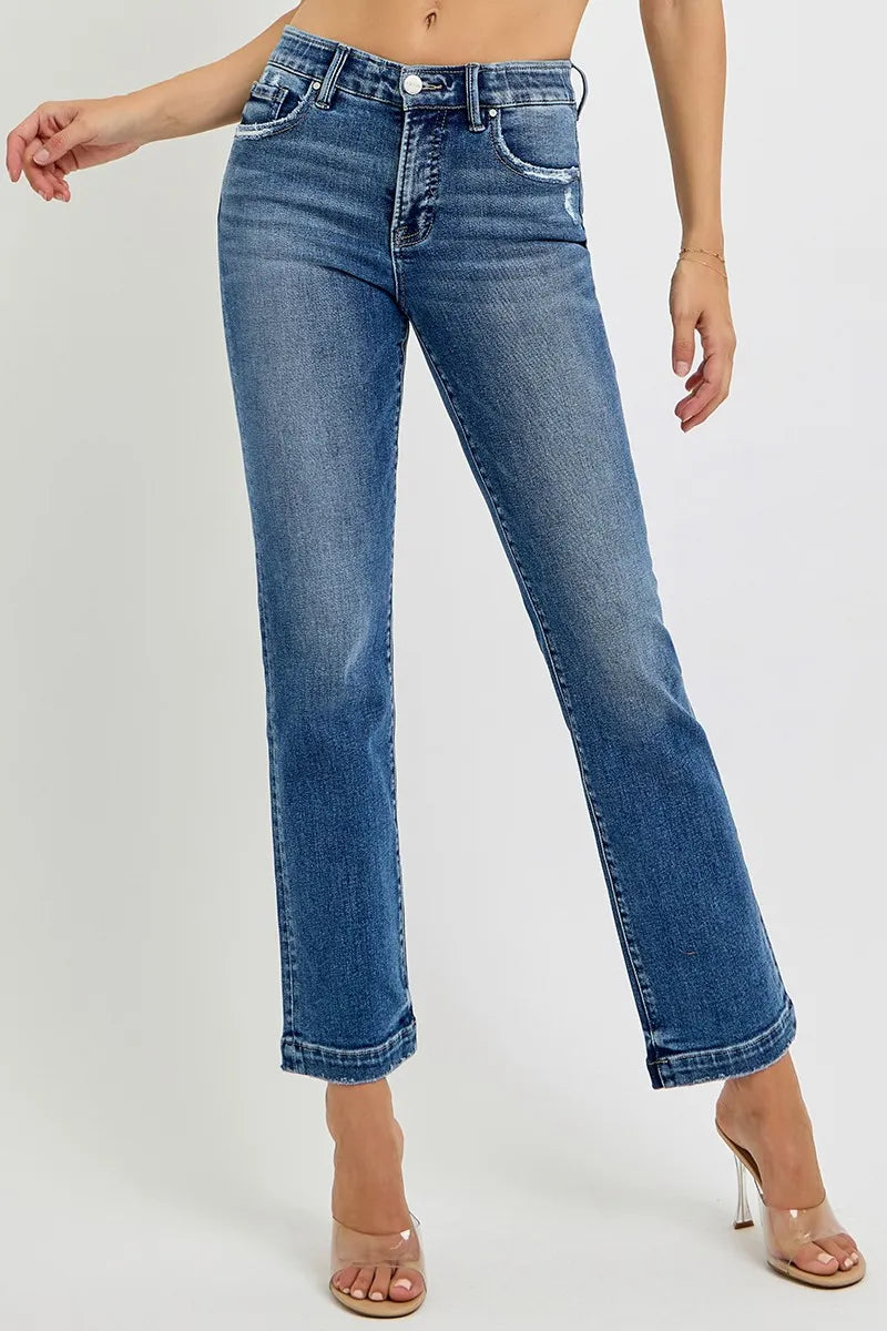 RISEN Full Size Tummy Control Elastic Band Mid Rise Straight Jeans DARK Jeans
