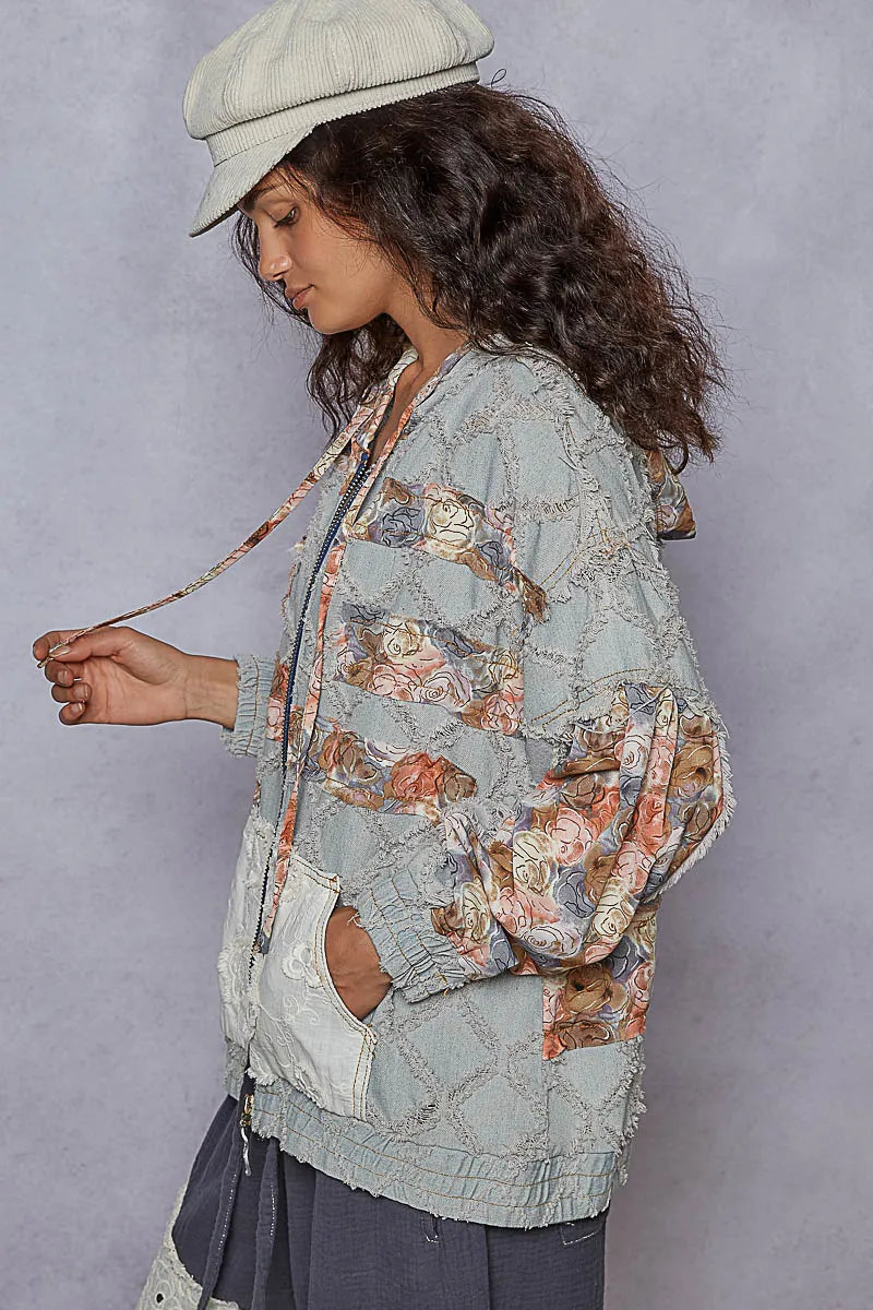 POL Zip Up Floral and Lace Patch Washed Denim Jacket Denim Jackets