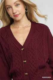 Umgee Chunky Cable Knit V-Neck Button-Up Cardigan Burgundy | Cardigans Daverri Fashions