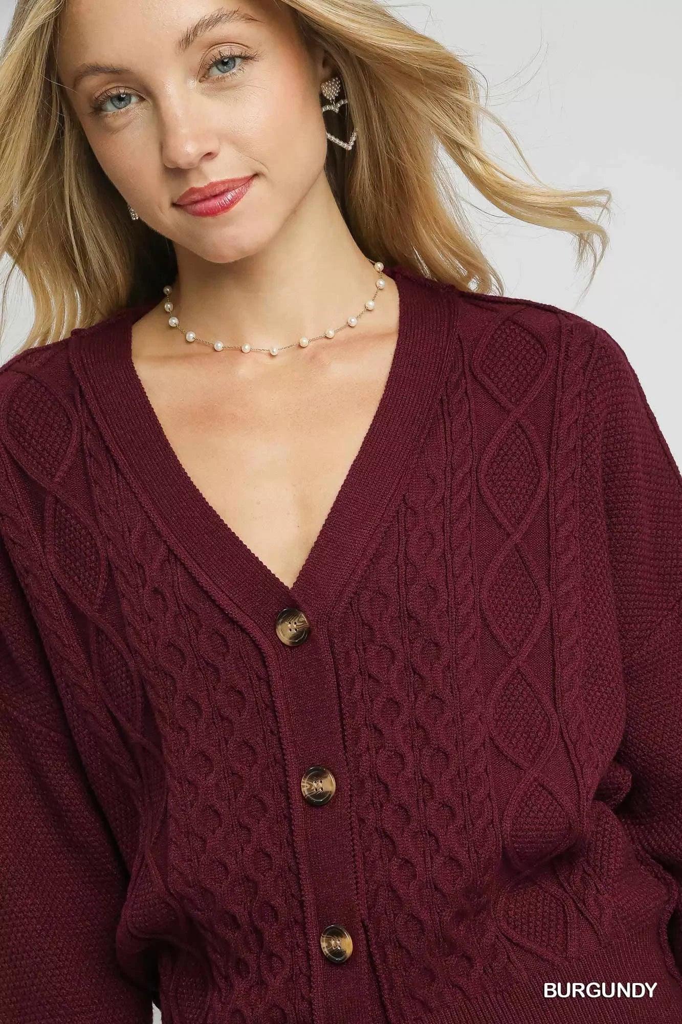 Umgee Chunky Cable Knit V-Neck Button-Up Cardigan Burgundy - DAVERRI FASHIONS