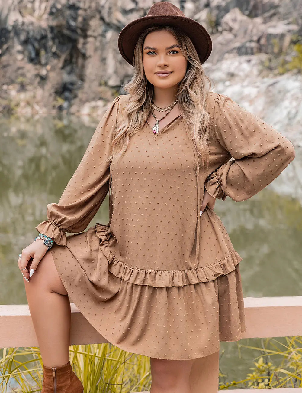 Tan Plus Size Dot Flounce Sleeve Mini Dress | Mini Dresses Daverri Fashions