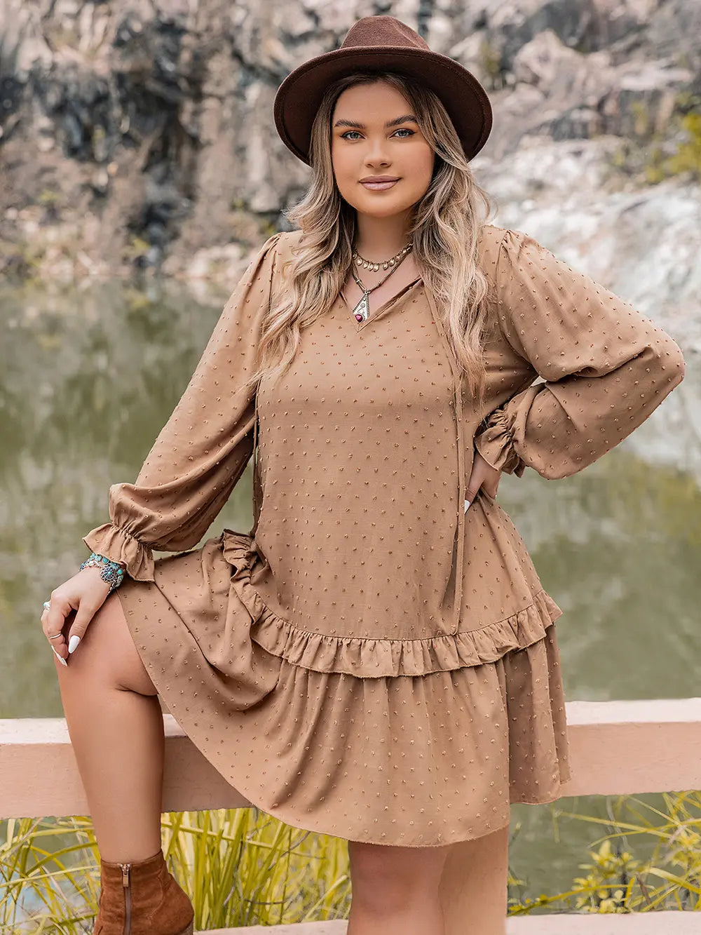Tan Plus Size Dot Flounce Sleeve Mini Dress | Mini Dresses Daverri Fashions