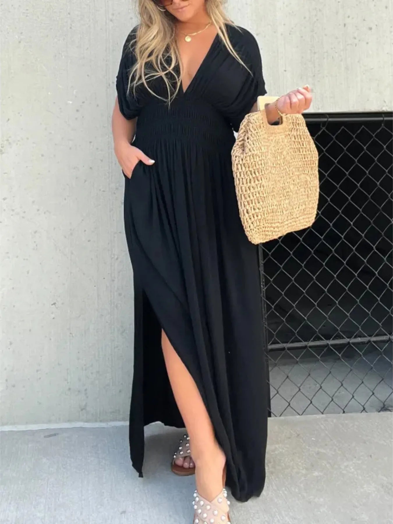 Daverri Fashions black long-sleeved plus size deep V-neck maxi dress with side slit