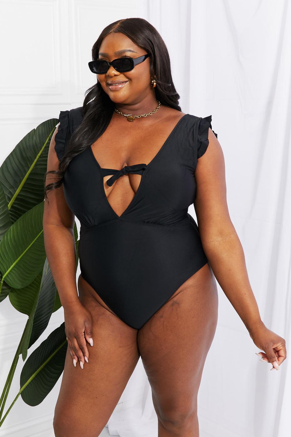 Marina West Swim Seashell Ruffle Sleeve One-Piece in Black Swimwear