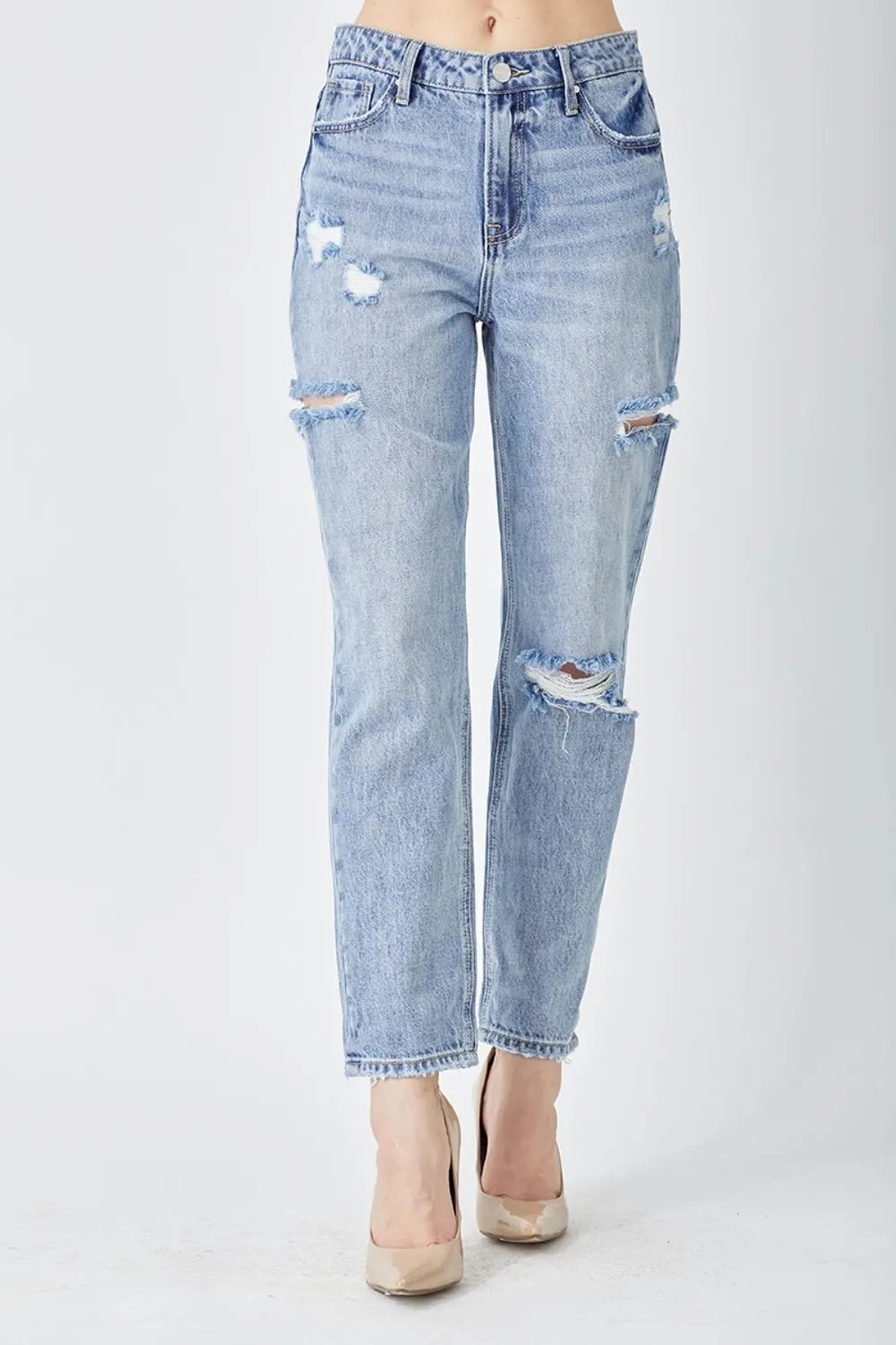 Risen distressed slim cropped jeans with ripped knees and frayed edges
