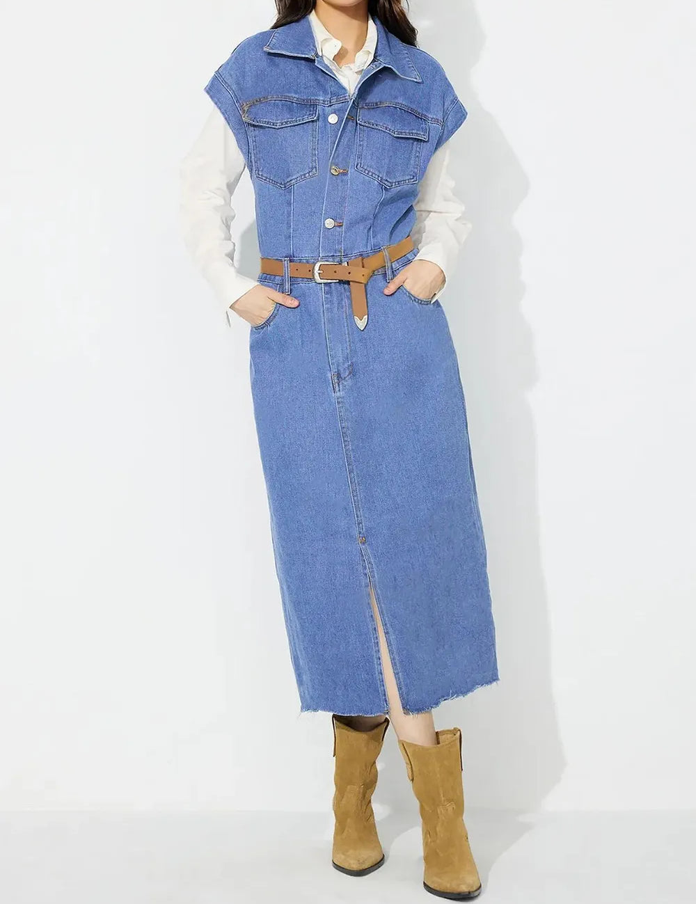 Medium Slit Half Button Collared Neck Cap Sleeve Denim Dress | Midi Dresses Daverri Fashions