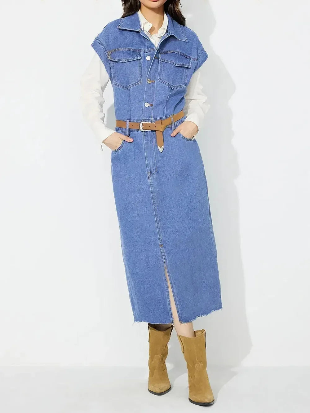 Slit Half Button Collared Neck Cap Sleeve Denim Dress - DAVERRI FASHIONS