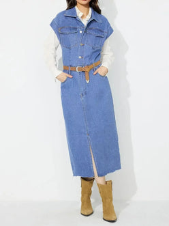 Slit Half Button Collared Neck Cap Sleeve Denim Dress - DAVERRI FASHIONS