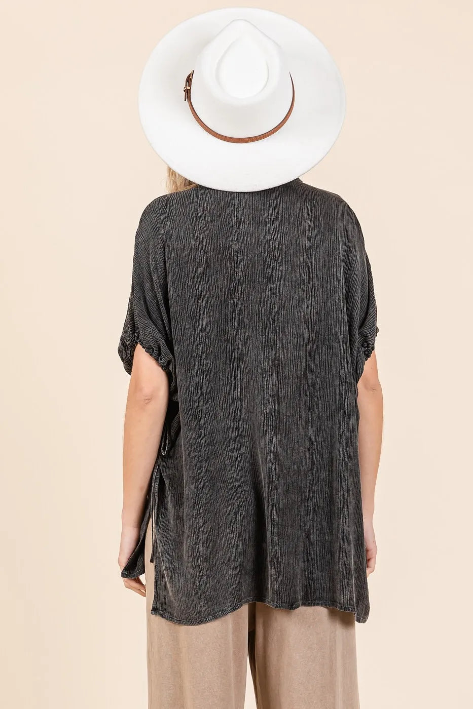 Mittoshop mineral wash loose fit button down shirt in dark gray textured fabric