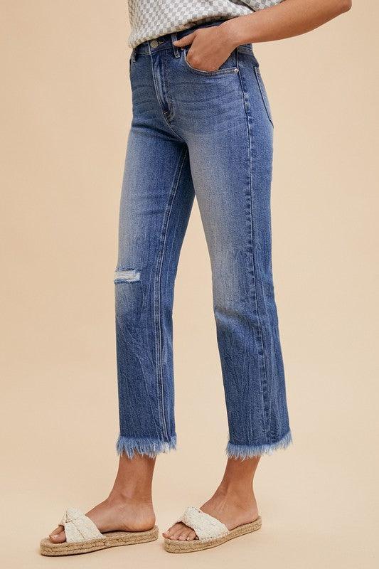 Annie Wear Distressed Raw Hem Straight Leg Cropped Jeans - DAVERRI FASHIONS