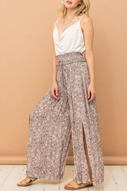 And The Why Printed Smocked Waist Slit Wide Leg Pants - DAVERRI FASHIONS