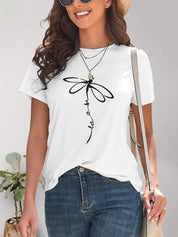 White dragonfly print short sleeve round neck t-shirt