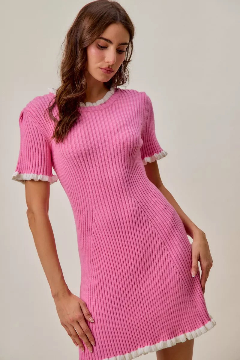 SO ME contrast ruffled pink ribbed knit mini dress