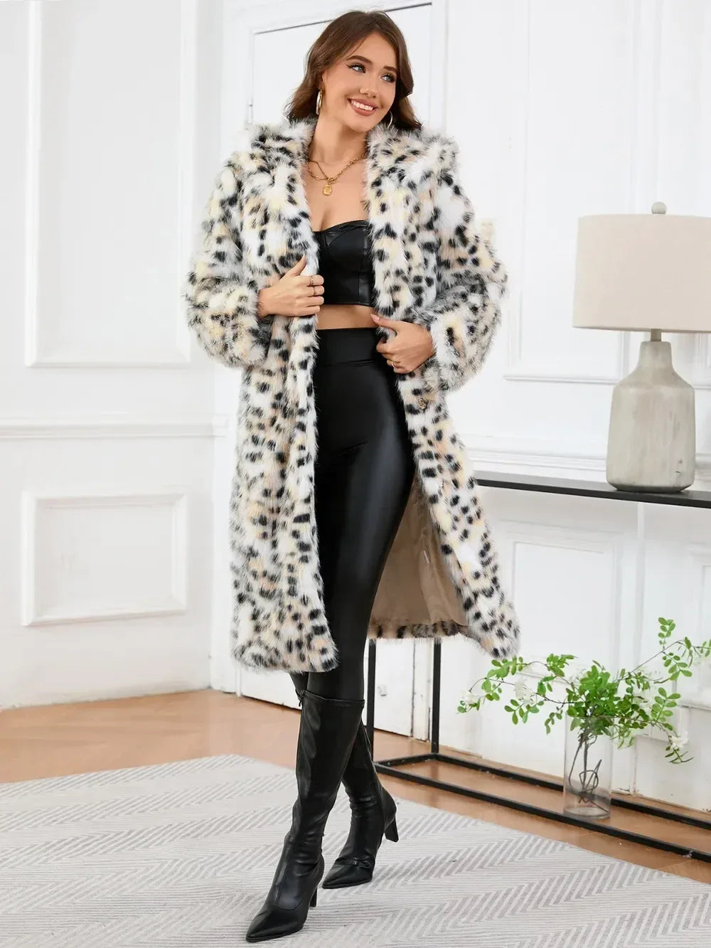 Thermal Leopard Faux Fur Hooded Coat - DAVERRI FASHIONS