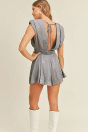 MABLE Draped Romper with Pleated Shoulder Pad Detail | Rompers Daverri Fashions