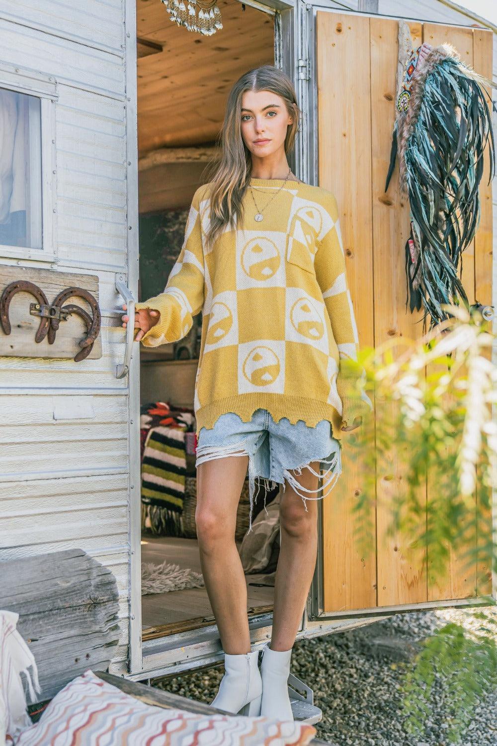 And The Why Checkerboard Sweater with Yin Yang Pattern | Sweaters Daverri Fashions