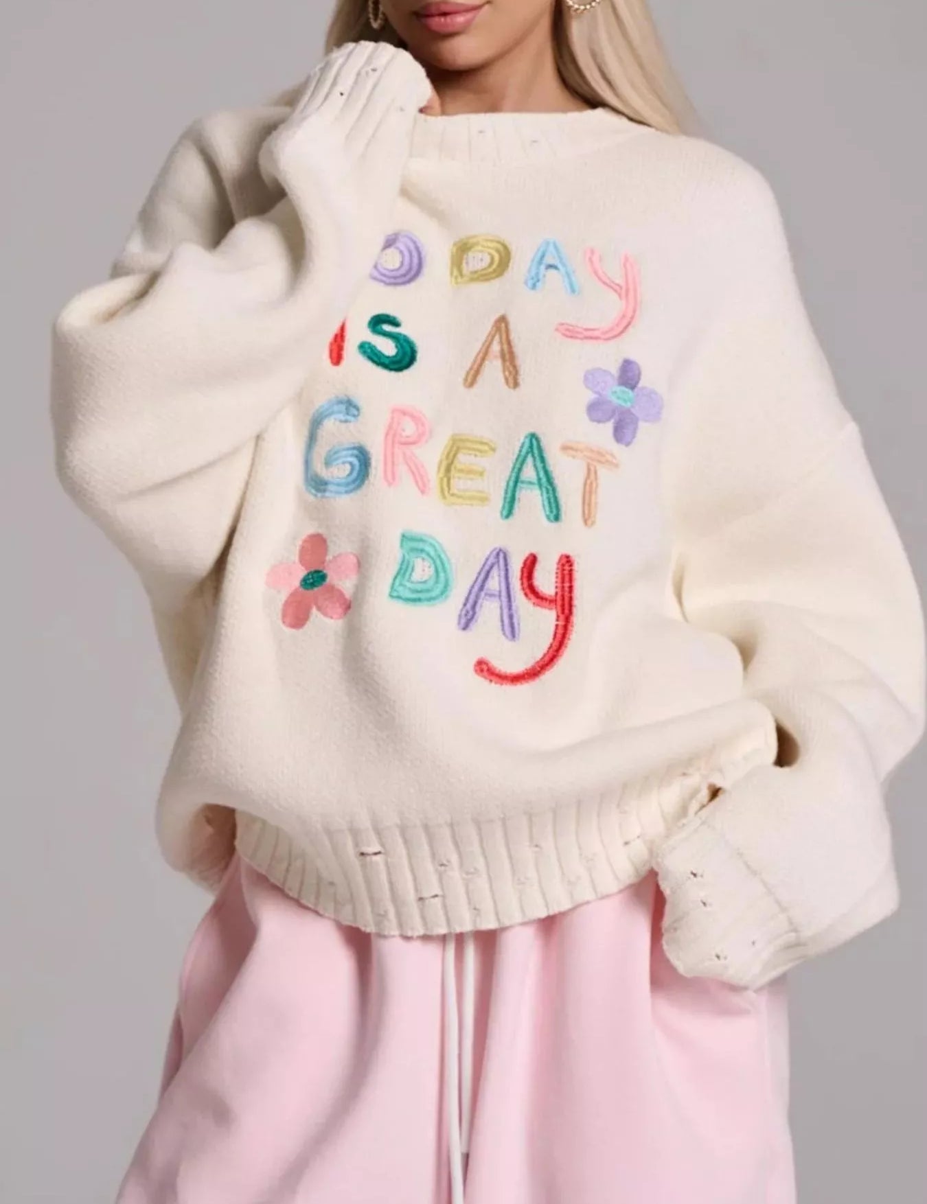Cream Embroidered 'Great Day' Dropped Shoulder Sweater | Sweaters Daverri Fashions