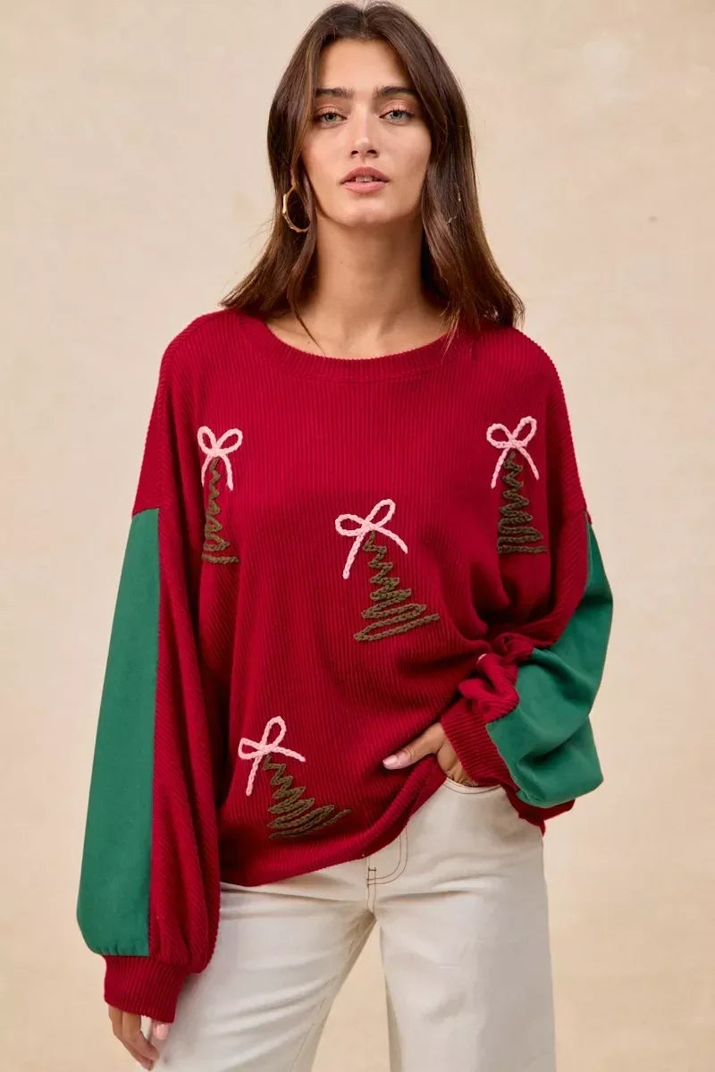 BiBi Christmas Theme Tree Embroidered Sweater - DAVERRI FASHIONS