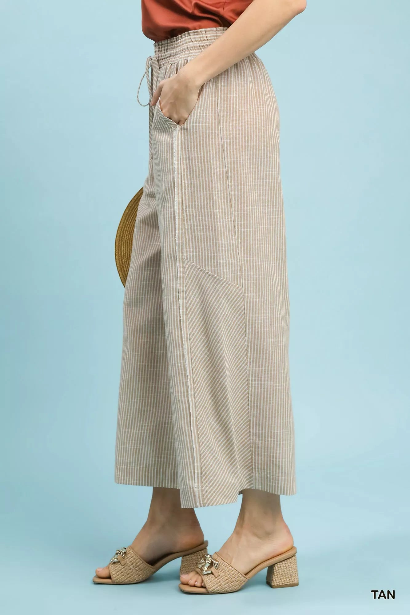 Umgee linen blend tan striped wide-leg pants with drawstring waist
